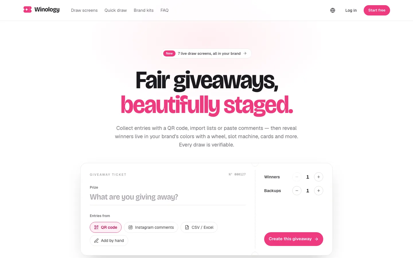 Winology homepage with the headline 'Fair giveaways, beautifully staged.' above a giveaway ticket for the prize, entry sources and number of winners