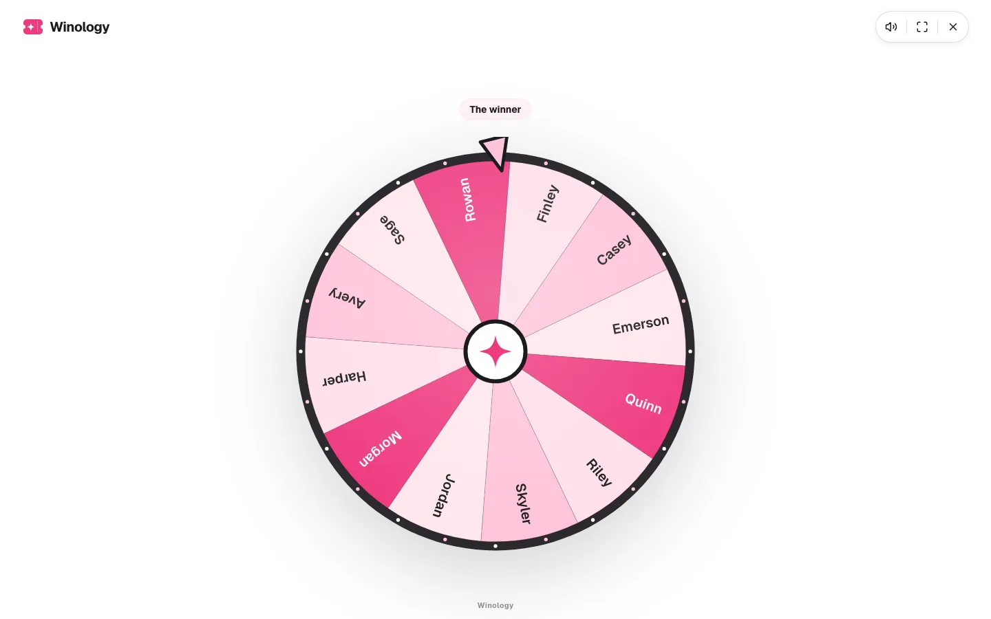 A Winology live draw: a prize wheel of entrant names on pink segments, with a pointer marking the winner.
